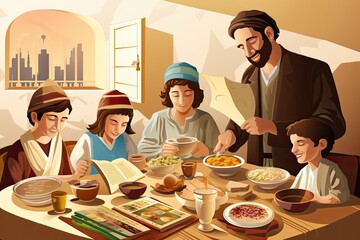 Passover rituals associated with Passover holiday,Seder meal, matzah, reading Haggadah.Generated with AI