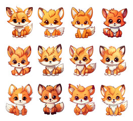 cute fox illustrations set. set of cute chibi fox icons. funny fox stickers collection.