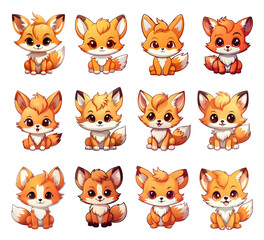 Fototapeta premium cute fox illustrations set. set of cute chibi fox icons. funny fox stickers collection.