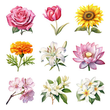watercolor flower elements set. set of clipart flower elements. rose, tulip, sunflower, marigold, hibiscus, lotus, cherry blossom, jasmine, frangipani.