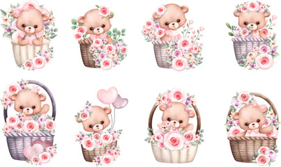 Watercolor Illustration set of cute couple teddy bear in basket with flower wreath