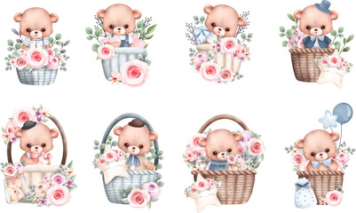 Watercolor Illustration set of cute teddy bear in basket with flower wreath