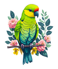 cute green parrot on a branch, generative ai