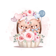 Obraz na płótnie Canvas Watercolor Illustration cute couple teddy bear in basket with flower wreath
