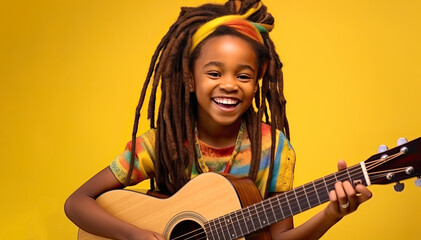 Happy African American girl playing guitar on yellow background. Place for text