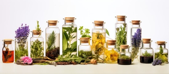 Concept of alternative medicine Natural remedies and medicinal containers - obrazy, fototapety, plakaty