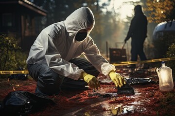 criminologist and a detective working together at a crime scene,Generated with AI - obrazy, fototapety, plakaty