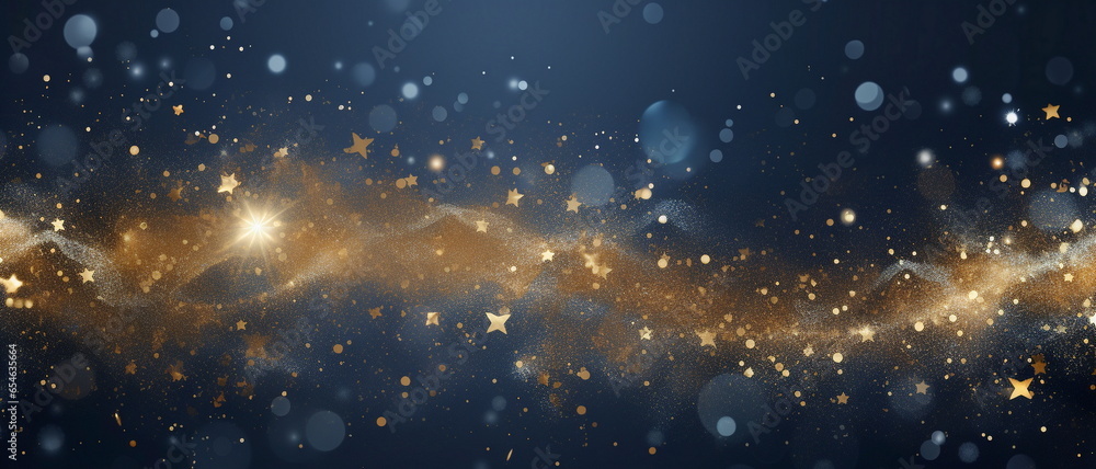 Wall mural new year, christmas background with gold stars and sparkling. abstract background with dark blue and