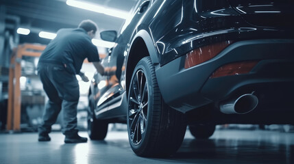 The mechanic is servicing a car in a mechanic's garage - obrazy, fototapety, plakaty