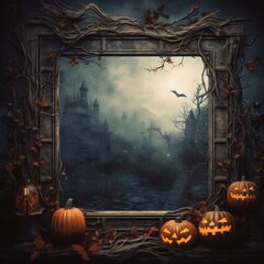 Halloween frame background with copy space for any text. Pumpkins, skulls, bats and scary elements. Halloween, witchcraft and magic concept.