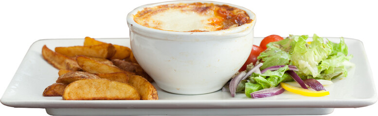 Digital png photo of meal with baked potatoes and salad on transparent background