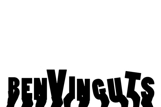 Digital png illustration of hands with benvinguts text on transparent background