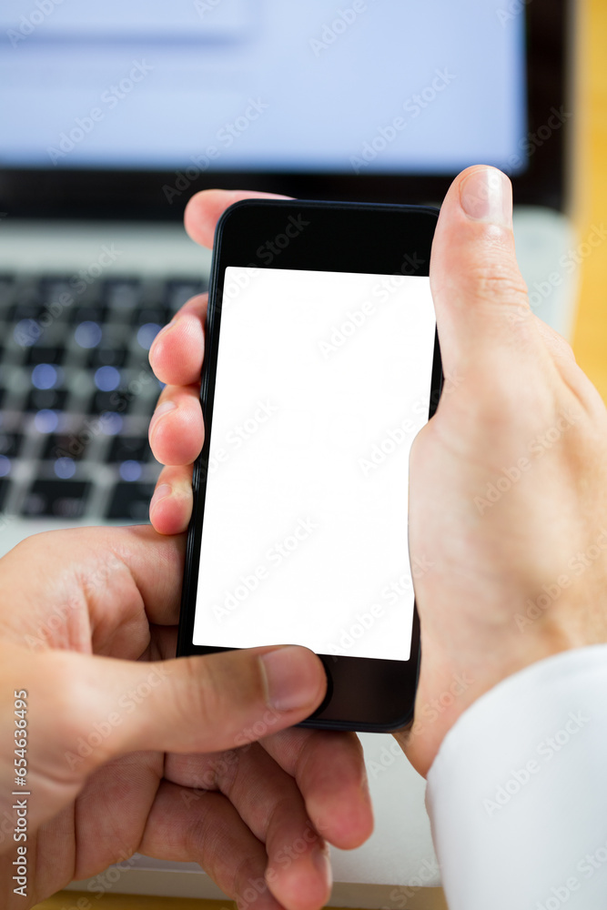 Poster digital png photo of hands with smartphone with copy space on transparent background