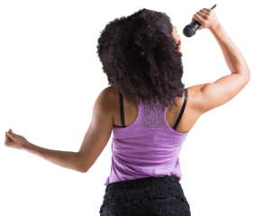Digital png photo of biracial female singer holding microphone on transparent background