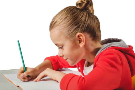 Digital png photo of caucasian schoolgirl writing in notebook on transparent background