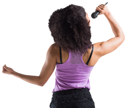 Digital png photo of biracial female singer holding microphone on transparent background