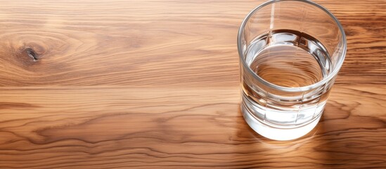 Transparent water in glass with prominent shadows atop white wooden table from top view