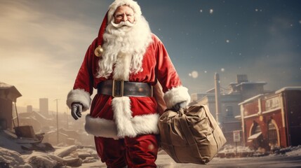 Magical Christmas background with Santa Claus. Winter fairytale style. Holiday celebration concept.