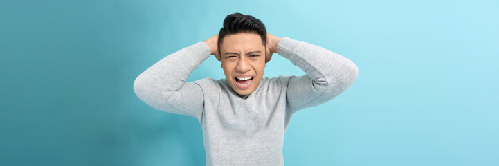Angry man touch his head feeling mad emotion white isolated