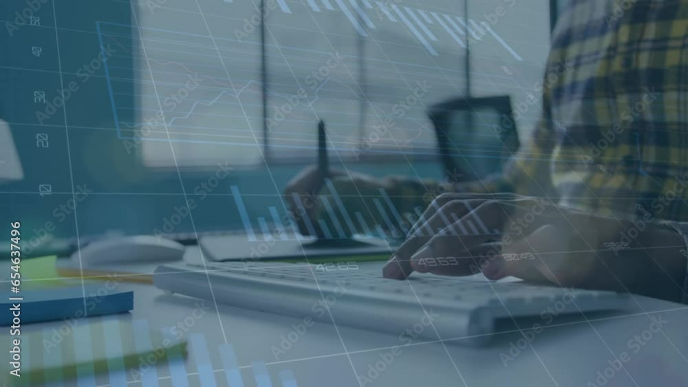 Poster animation of graphs, midsection of caucasian man typing on keyboard and using graphics tablet