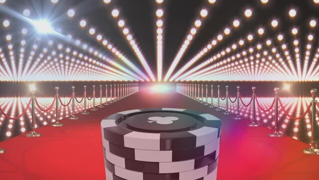 Animation of casino coins on red carpet against illuminated light