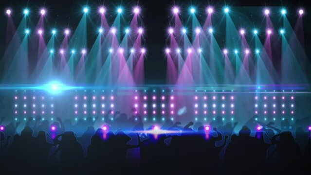 Animation of silhouette crowd dancing at music concert against illuminated stage lights