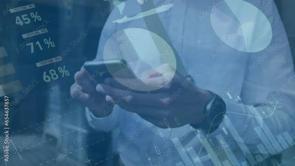 Poster animation of multicolored infographic interface, midsection of biracial man scrolling on cellphone