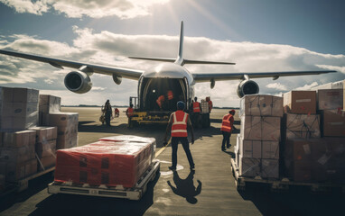Aid workers unloading medical supplies from a cargo plane in a remote area. Generative AI - obrazy, fototapety, plakaty
