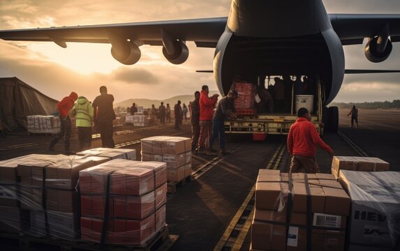 Aid Workers Unloading Medical Supplies From A Cargo Plane In A Remote Area. Generative AI