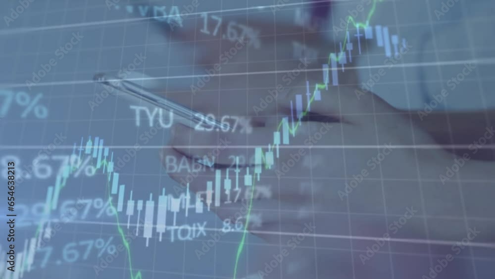 Poster animation of multiple graphs and trading board over caucasian people using smartphone