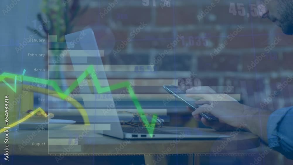 Poster animation of multiple graphs with changing numbers, caucasian man working on laptop