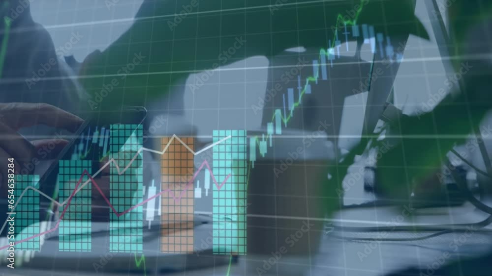 Poster animation of multiple graphs with changing numbers over caucasian man scrolling on cellphone