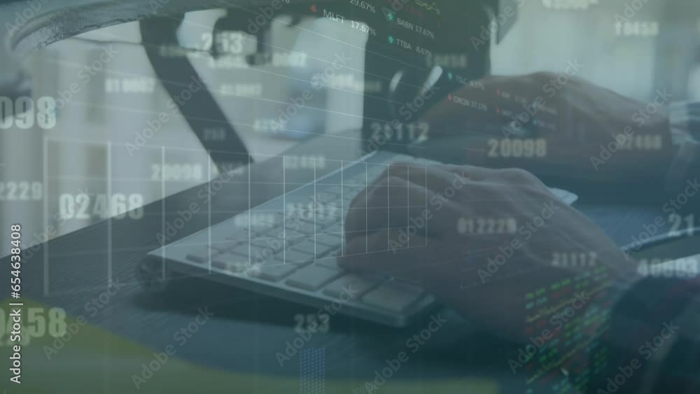 Poster animation of changing numbers, trading board, midsection of caucasian man working on computer