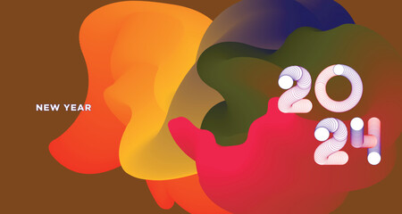 Happy New Year 2024 Colorful Greeting Card Banner for Social Media. Vector Abstract Fluid Background Design