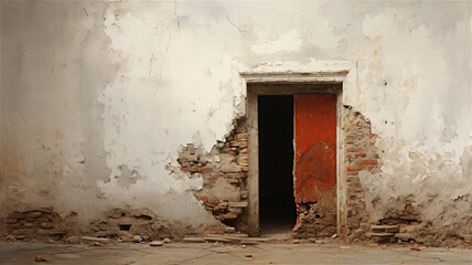 An exterior of an eroding building with an opening leading into a dark interior. Entrance with an old wooden frame once sealed by a red door.