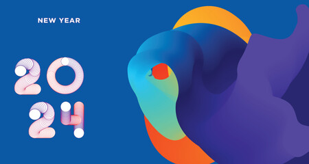 Happy New Year 2024 Colorful Greeting Card Banner for Social Media. Vector Abstract Fluid Background Design