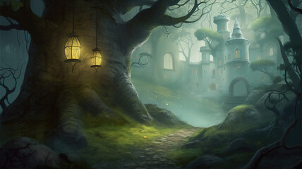 Illustration of a mysterious mythical landscape with a path exiting a forest leading to a castle shrouded in fog in the background