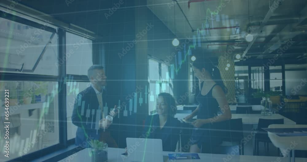 Poster animation of graphs with changing numbers over diverse coworkers smiling and discussing in office