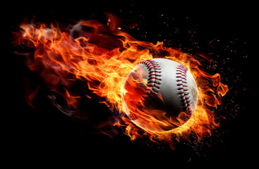 Flying baseball ball in flames on pure black background