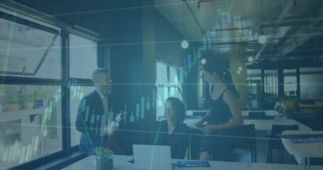 Animation of graphs with changing numbers over diverse coworkers smiling and discussing in office - Powered by Adobe