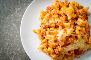 homemade macaroni bolognese with cheese