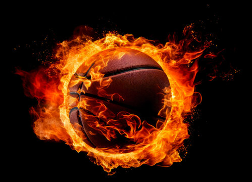 Flying basketball ball in flames on pure black background