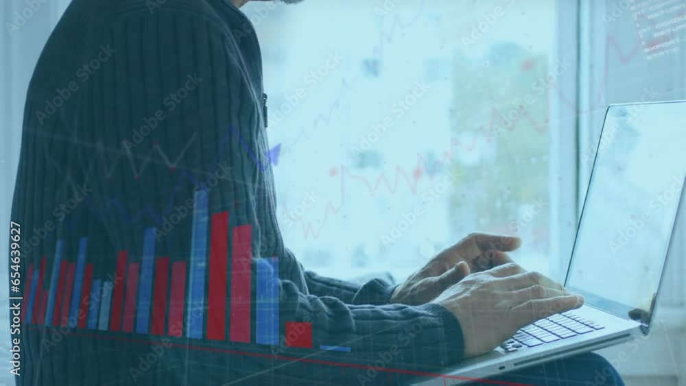 Poster animation of multiple graphs over midsection of caucasian man working on laptop