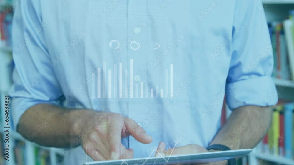 Poster animation of graphs, loading circles, bars, midsection of caucasian man scrolling on digital tablet