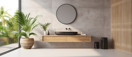 Modern contemporary loft style bathroom with tropical nature view Concrete tile floor and wall wooden sink counter and circle mirror - obrazy, fototapety, plakaty