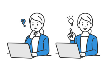 パソコンを見て疑問を持つ･ひらめきのポーズをするビジネスパーソン女性のセット【人物ベクターイラスト素材】