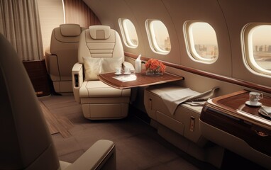 Interior of a private jet. Generative AI