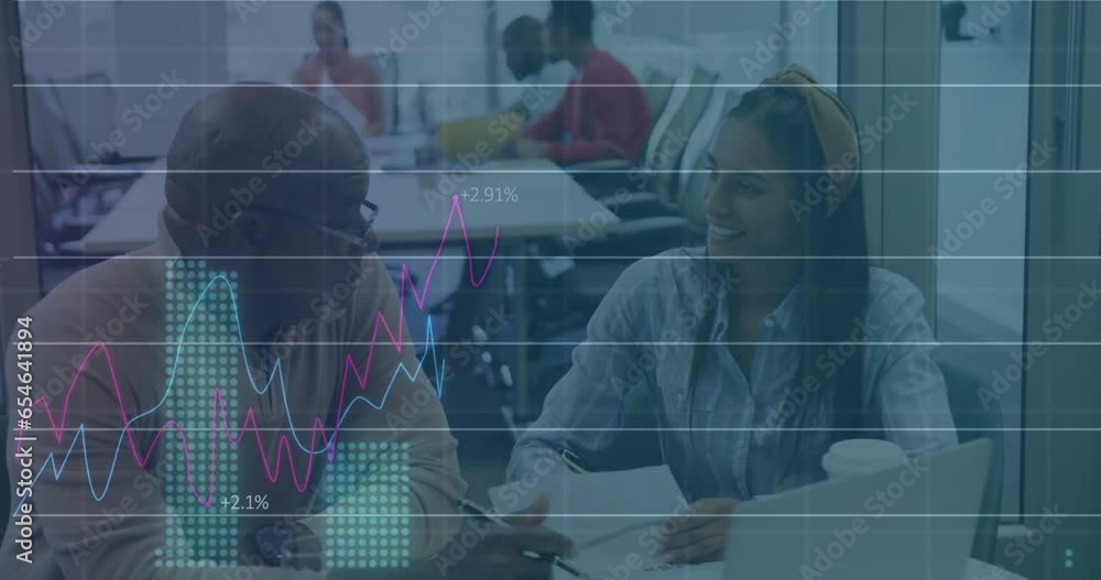 Poster animation of statistical data processing against diverse man and woman discussing at office