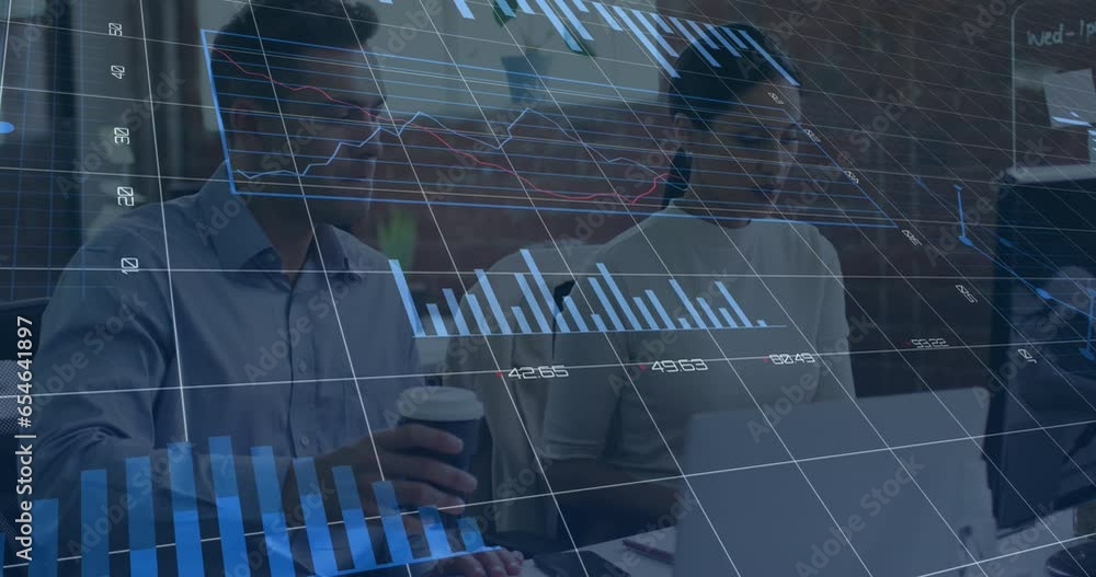 Sticker Animation of statistical data processing against diverse man and woman discussing at office