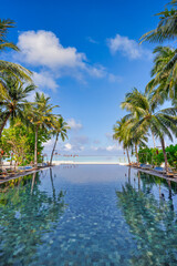 Panoramic wellbeing holiday landscape. Luxury beach resort hotel swimming pool leisure chairs beds under umbrellas, palm trees reflections blue sunny sky. Summer island seaside travel vacation scene